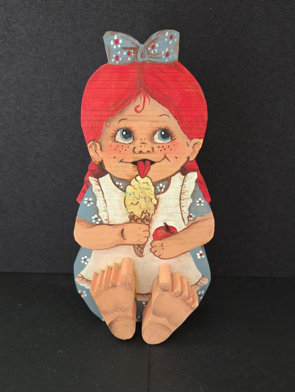 Vintage Hand Painted Wooden Shelf Sitter Red Hair Girl Ice Cream Country Folkart